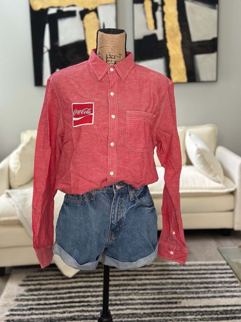 Coca-Cola Cotton Linen Long Sleeve Button Up Work Shirt with Patches